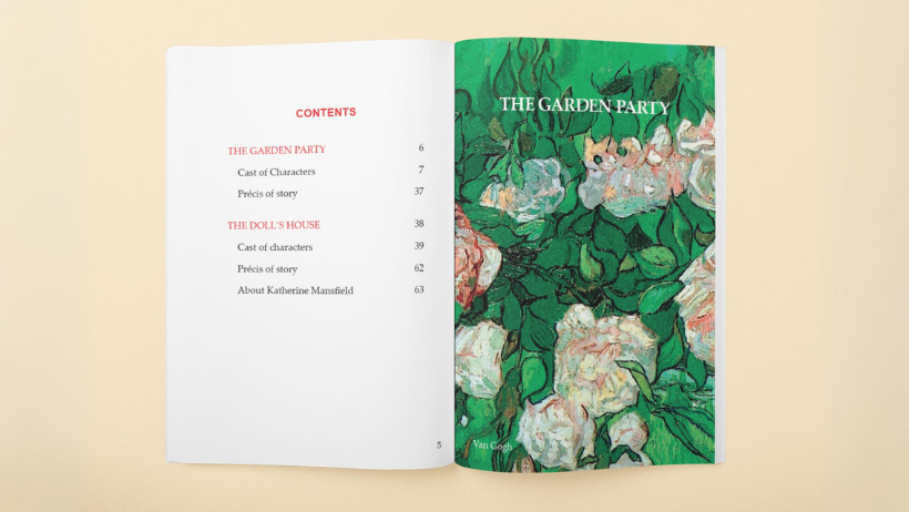 A book spread open against a yellow surface. The left page is the index page and the right page has an illustration. The text reads: "The Garden Party" and is against a painting of lush green leaves with pink and yellow peony flowers
